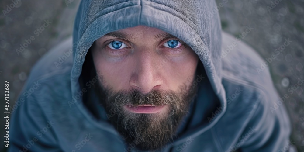 Poster portrait of a man with a beard and hoodie, suitable for use in editorial or lifestyle contexts