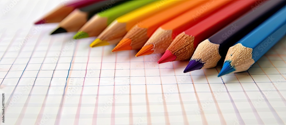 Poster Various colored pencils arranged on a blank notebook page with copy space image.