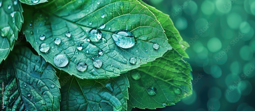 Poster blue clean water droplets intermingled with a vibrant green leaf, creating a serene and refreshing c