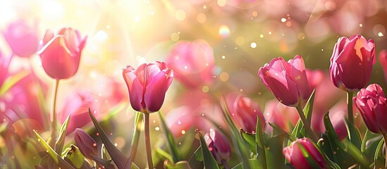 Obraz premium Easter-themed backdrop featuring vibrant tulips, lovely bokeh, and space for text on a copy space image.