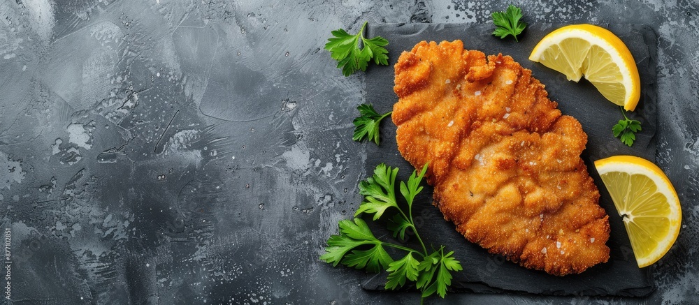 Poster Top view of a Breaded German Weiner Schnitzel on a gray background, with space for text or other elements in the image.