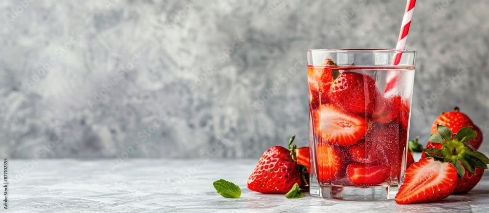 Poster glass with a straw holding a mix of sliced strawberries on a gray backdrop, with available copy spac