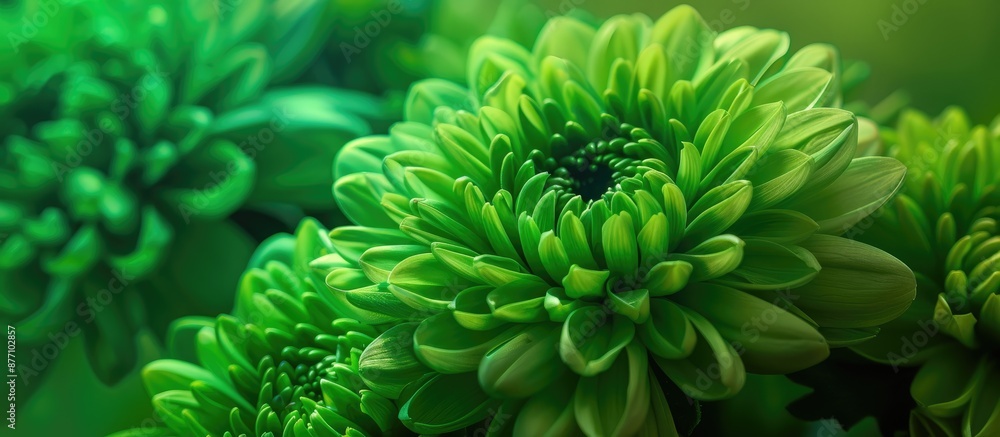 Poster a detailed shot displaying a green chrysanthemum flower in a bridal bouquet, with a blank area in th