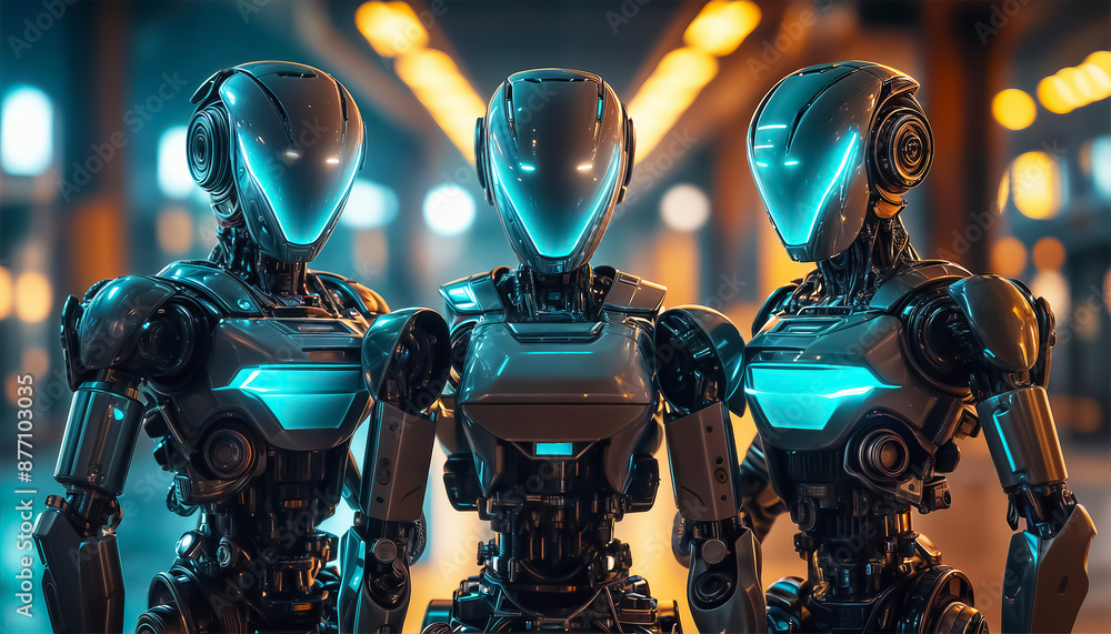 Aufkleber android robots. three black luminescent robots. sky-fi robots. fantastic banner