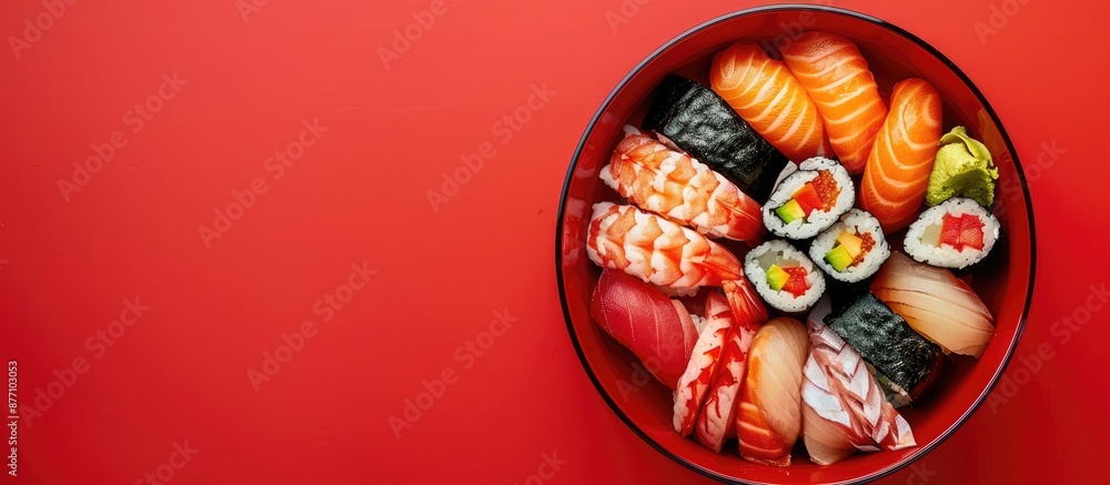 Poster Delicious sushi lunch set featuring various fish types in a vibrant red bowl, ideal for a web banner with copy space image.