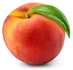 Peach with leaf isolated png. Whole peach on transparent background. PNG format. Peach with leaves no background. Full depth of field.