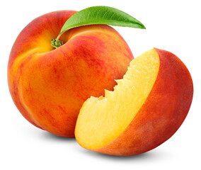 Peach isolated png. Peach with a slice on transparent background. PNG format. Peaches with leaf no background. Full depth of field..