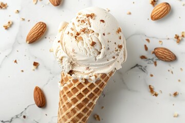 almond ice cream in a waffle cone on a white background, overhead view, cut out, cut-out, png, cutout