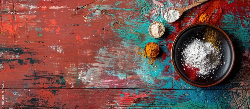 Poster colorful wooden table background showcasing spices on a plate with powdered sugar, leaving room for 