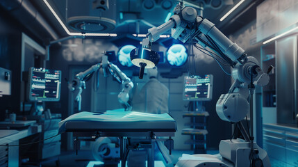State-of-the-Art Operating Room: AI-Powered Robotic Surgery in Action with Futuristic Equipment