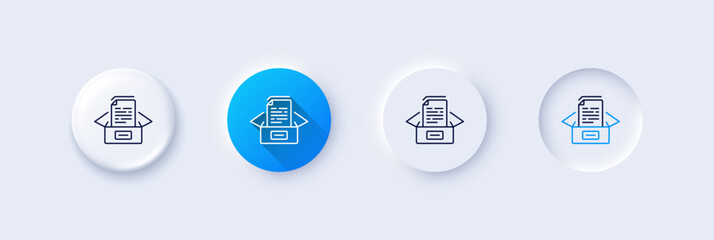 Documents box line icon. Neumorphic, Blue gradient, 3d pin buttons. Doc files page sign. Office note symbol. Line icons. Neumorphic buttons with outline signs. Vector