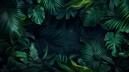 Fototapeta premium Dark green background with various leaves on the edges