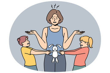 Conflicting children over toy and embarrassed mother throwing up hands and needing help of nanny. Two hyperactive conflicting girls fight over plush bunny, not wanting to share with sister