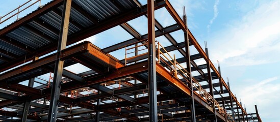 Background featuring a metal building under construction with copy space image.