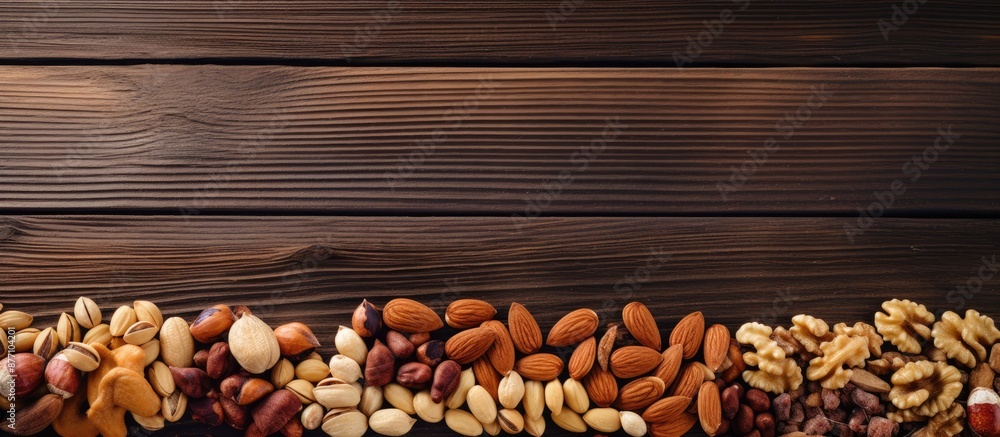 Poster Assorted nuts like cashews, almonds, and pecans displayed on a wooden table with a blank space for inserting an image.