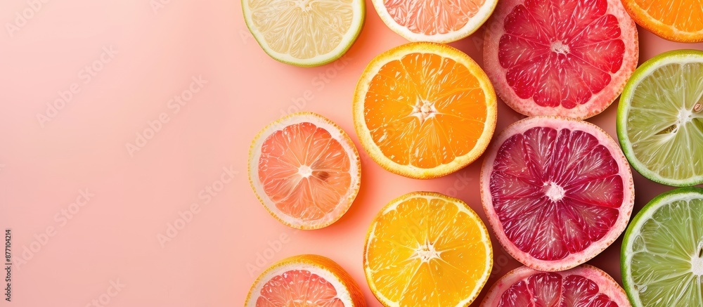 Poster citrus fruits laid out beautifully on a colored background with a bit of space for text. copy space 