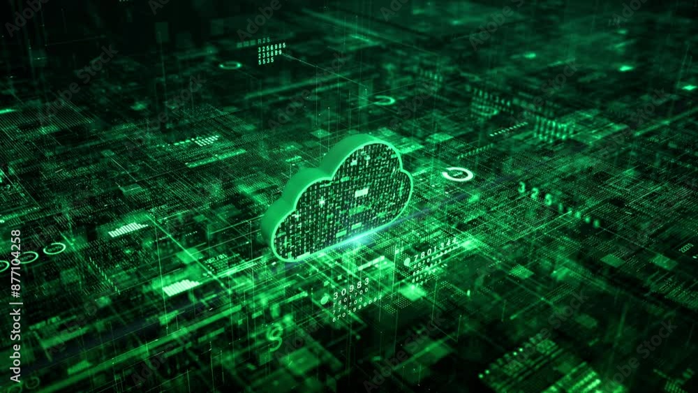 Poster technology cloud computing transfers databases to the cloud. digital data storage and backup, techno