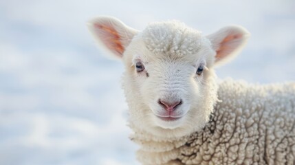 Fototapeta premium A tight shot of a sheep's head against a backdrop of snowy foreground and a blue sky overhead