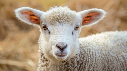  A tight shot of a sheep's face with a softly blurred background and hazy field
