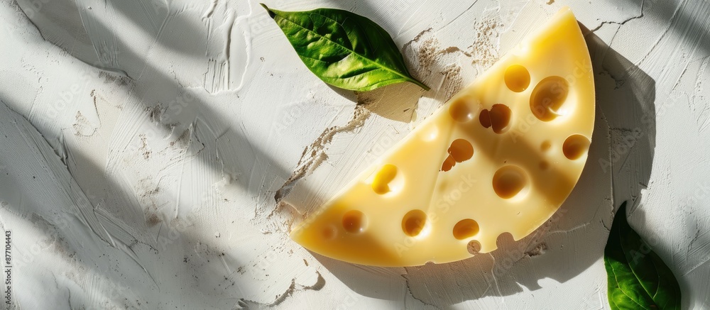 Poster top view of a chunk of maasdam cheese with holes on a white background with harsh shadows, accompani