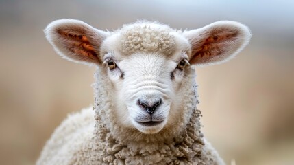  A sharp image of a sheep's face with a softly blurred background of its head