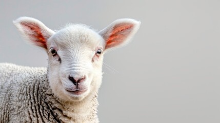 Fototapeta premium A sheep in tight focus, gazing directly at the camera, backed by a softly blurred environment