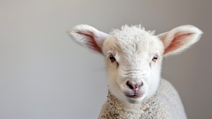 Fototapeta premium A tight shot of a sheep's expressive face gazing into the camera, set against a pristine white background