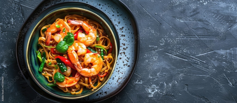 Poster A bowl containing stir-fried noodles, veggies, and shrimp, set against a simple background ideal for adding text or other elements - a copy space image.