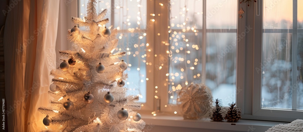 Aufkleber festive still life scene featuring a white christmas tree adorned with baubles, positioned by a wind