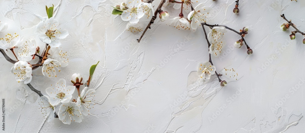 Poster flowering branches set in a postcard layout, with white space for text in the picture.