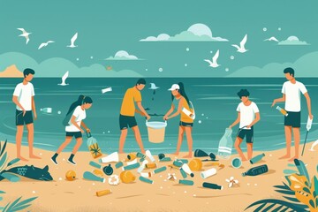 Obraz premium Flat design illustration depicting a group of people engaged in beach cleanup activities. The focus is on community effort and teamwork in preserving the cleanliness of coastal areas. Show the