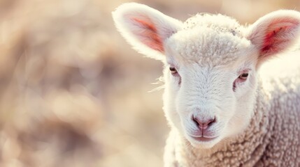 Fototapeta premium A sharp image of a sheep's face with a softly blurred backdrop of grass and trees