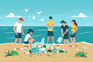 Flat design illustration depicting a group of people engaged in beach cleanup activities. The focus is on community effort and teamwork in preserving the cleanliness of coastal areas. Show the