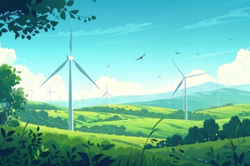 Flat design illustration of a wind farm with several wind turbines set against a clear blue sky. Highlight the importance of renewable energy sources in reducing carbon emissions and promoting