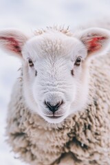  A tight shot of a sheep's face against a backdrop of a snow-covered field