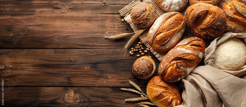 Poster crucial assorted bread from the bakery on a wooden table with copy space image.