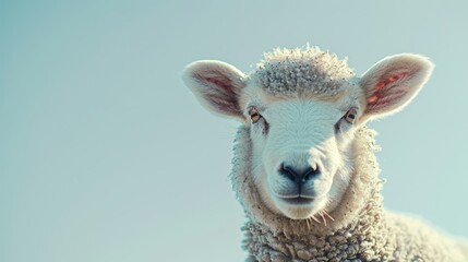 Fototapeta premium A tight shot of a sheep's face against a backdrop of a blue sky