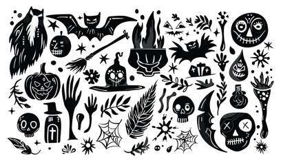 Obraz premium Set of isolated Halloween decoration elements in doodle hand-drawn graphic vector illustration on transparent background. Black silhouette style.