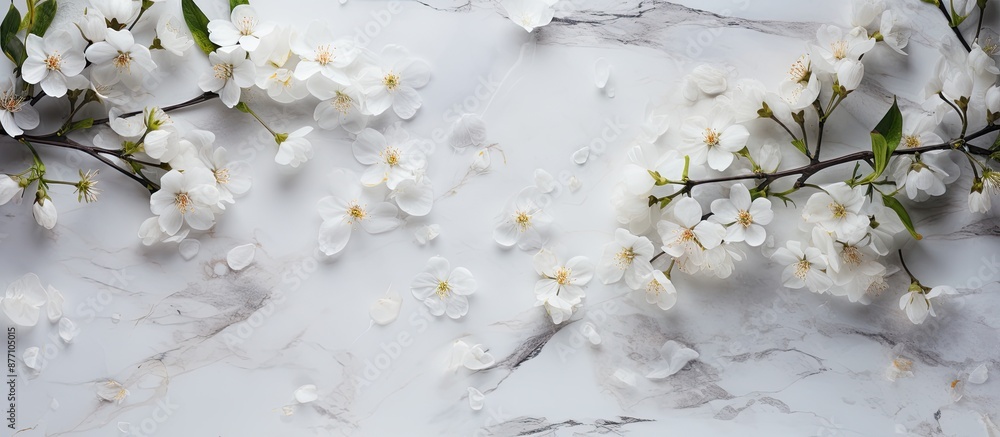 Poster a marble backdrop adorned with delicate white flowers throughout, perfect for a copy space image.