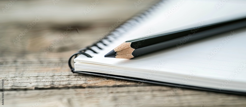 Poster a black pencil is nestled between a white notebook on a wooden background in a close-up and macro sh