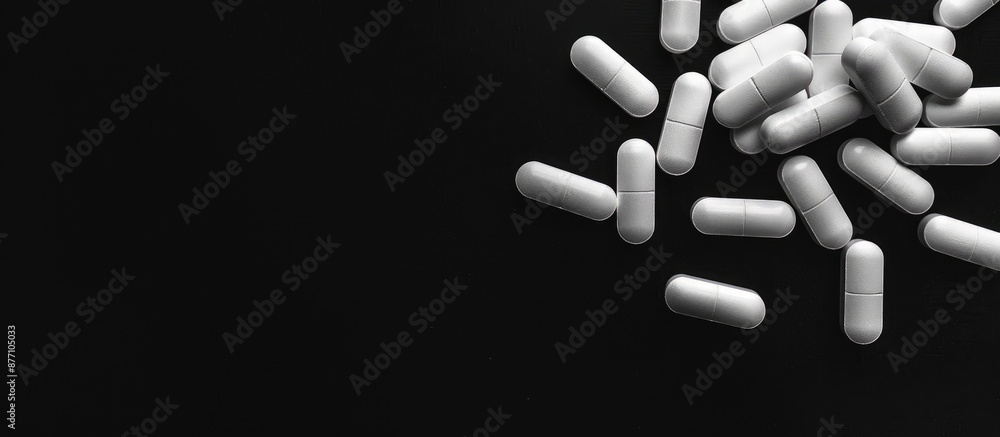 Poster white pills or capsules contrast against a black backdrop, creating an ideal copy space image.