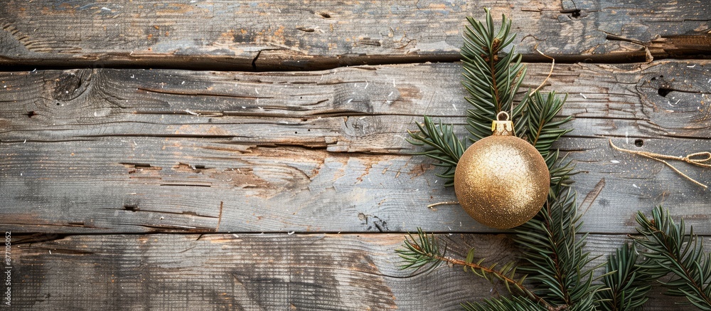 Poster an elegant holiday ornament paired with a green spruce twig on a rustic wooden backdrop, ideal for a