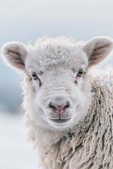  A tight shot of a sheep gazing into the camera, contrasting its focus against a hazy, indistinct sky behind