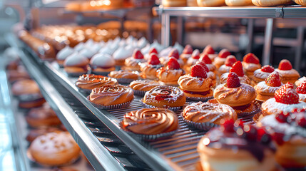 A production line in a bakery, showcasing the industrial process of making delicious pastries and snacks