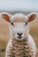 Fototapeta premium A tight shot of a sheep's face with a softly blurred foreground of grass