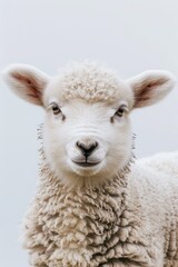  A sheep gazes into the camera, its expression clear, while a softly blurred sky shrouds the background