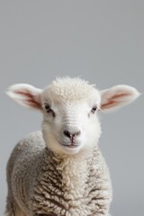 Fototapeta premium A sheep's face in close-up, head tilted to the side, set against a gray backdrop