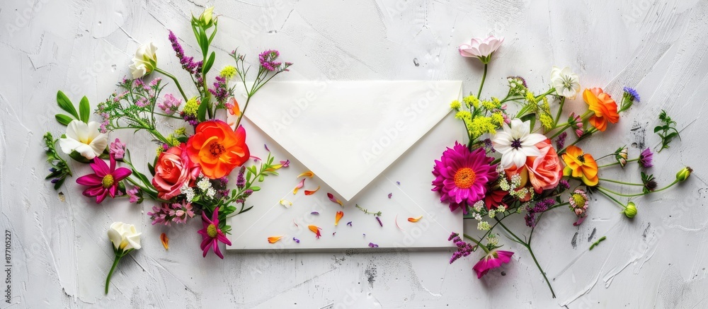 Poster top view of an envelope adorned with flowers, ideal for writing a heartfelt message on international