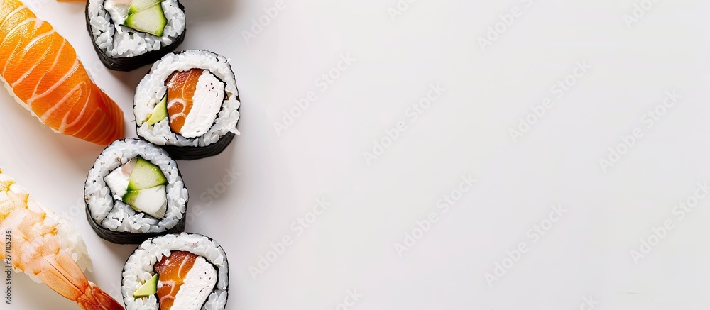 Poster a close-up studio shot of freshly made sushi with gentle shadows on a white backdrop. includes a cop