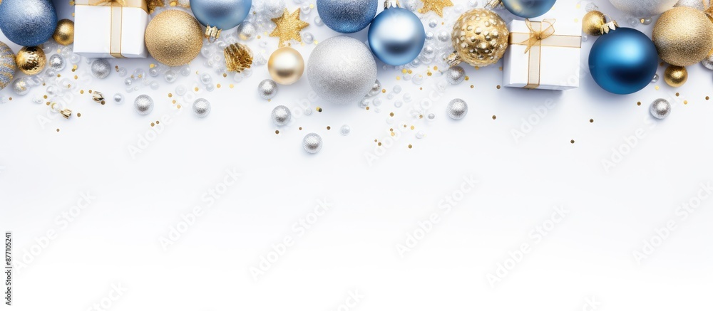 Poster blue and gold gift boxes and decorations create a festive christmas frame on a white background with